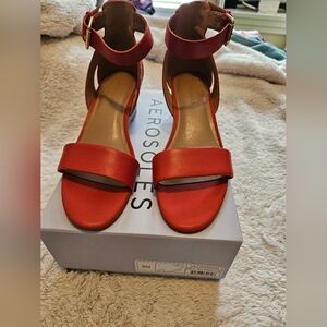 Aerosoles Willowbrook Red Leather Ankle Strap Wedge Sandals Size 9M